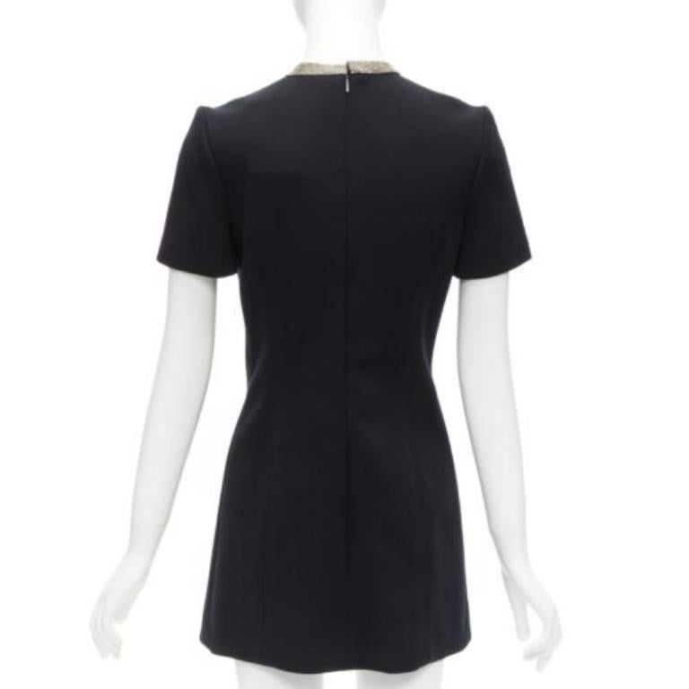 SAINT LAURENT black 100% wool diamante collar silk lined shift dress FR36 S 1