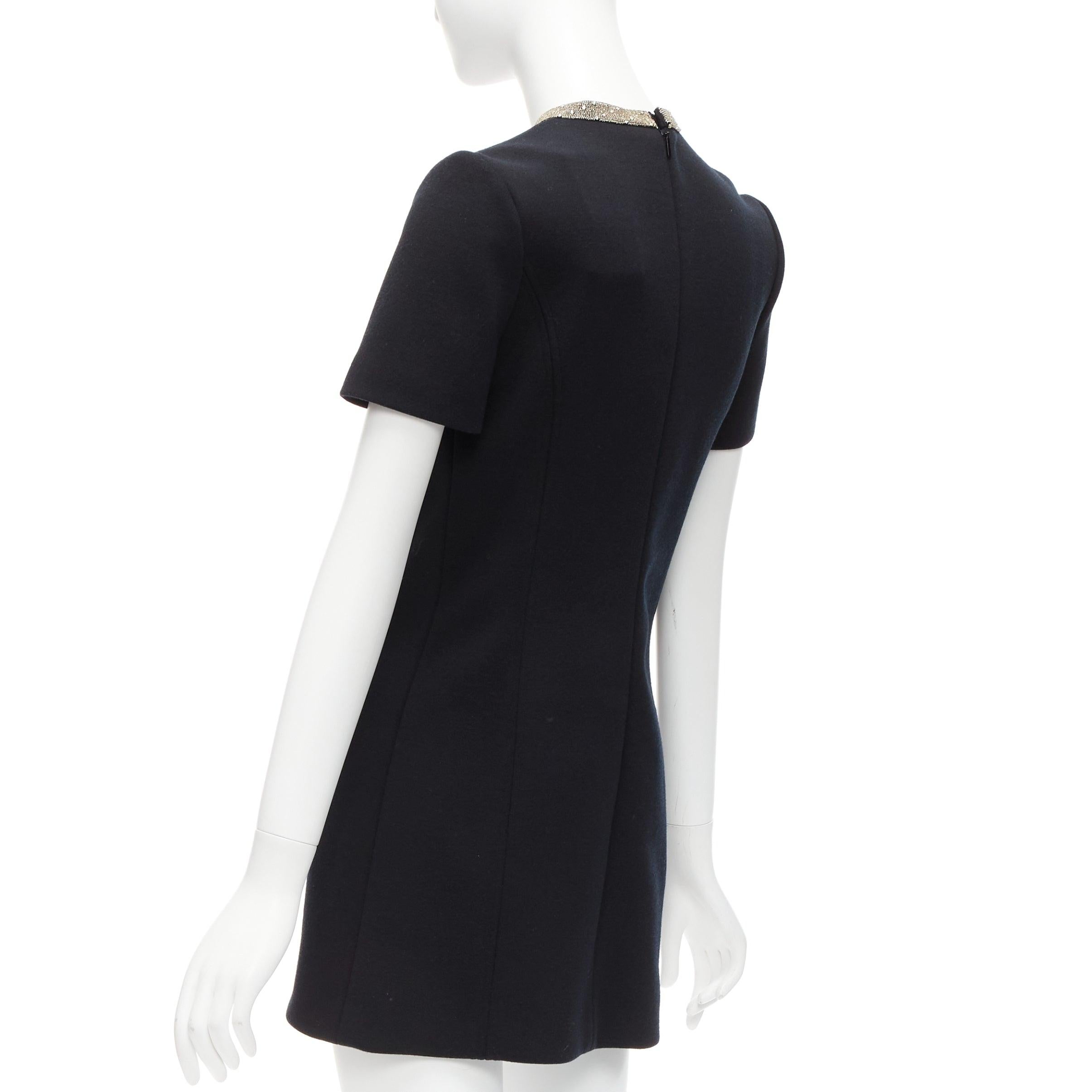 SAINT LAURENT black 100% wool diamante collar silk lined shift dress FR36 S For Sale 2