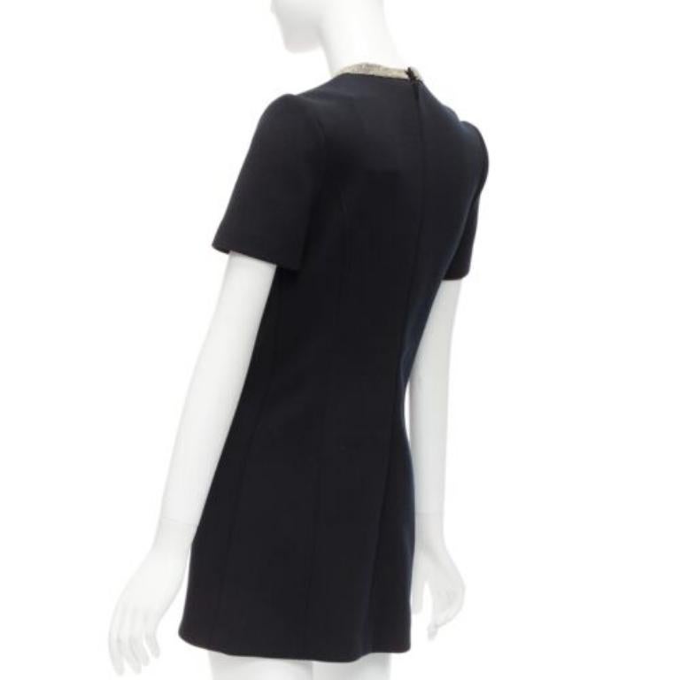 SAINT LAURENT black 100% wool diamante collar silk lined shift dress FR36 S 2