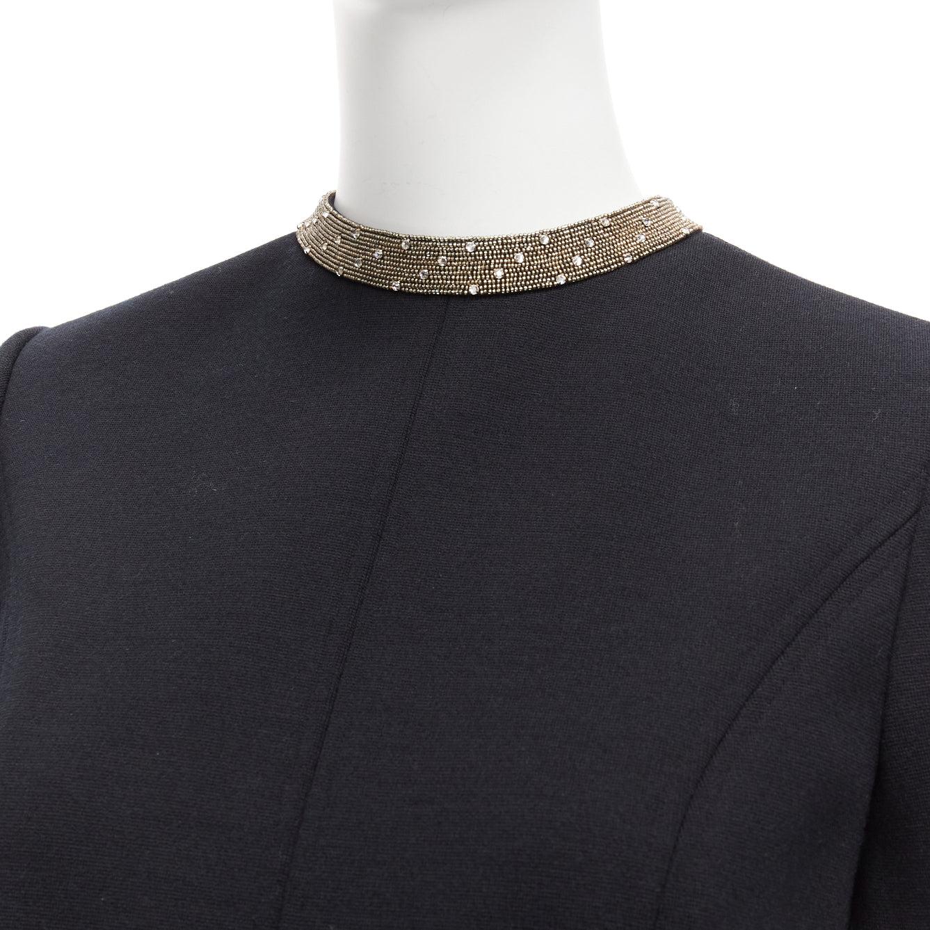 Black SAINT LAURENT black 100% wool diamante collar silk lined shift dress FR36 S