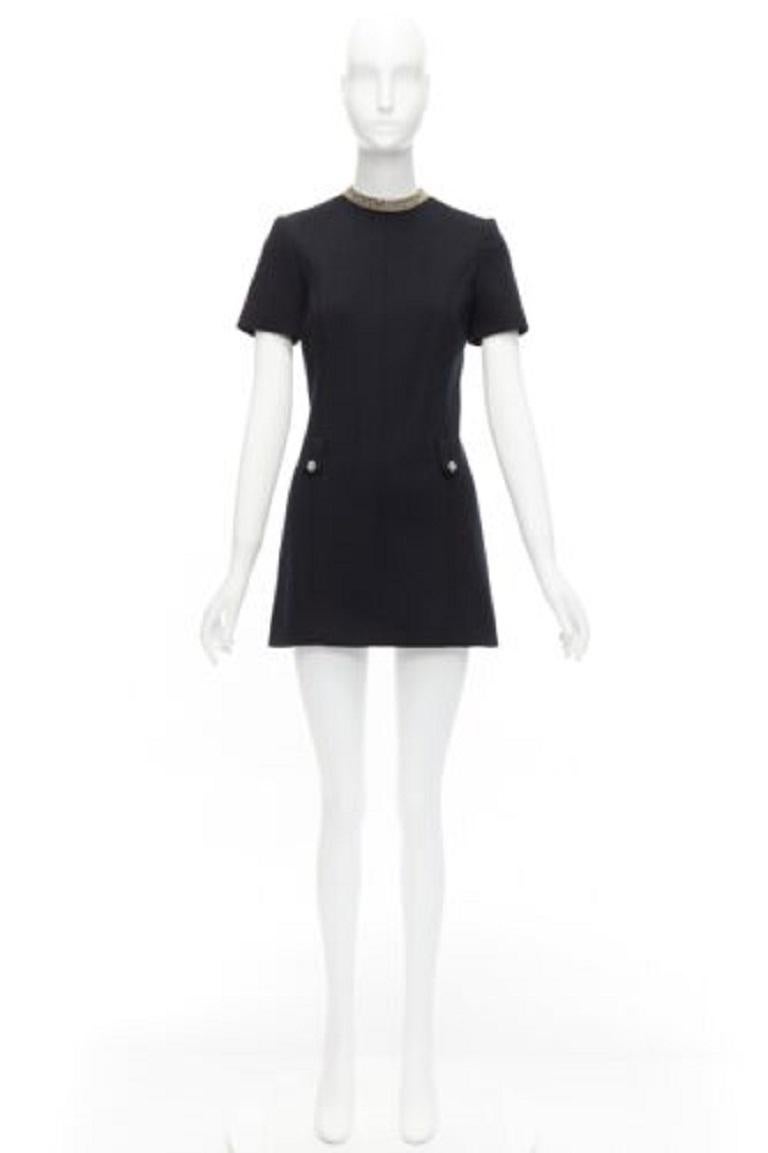 SAINT LAURENT black 100% wool diamante collar silk lined shift dress FR36 S 5