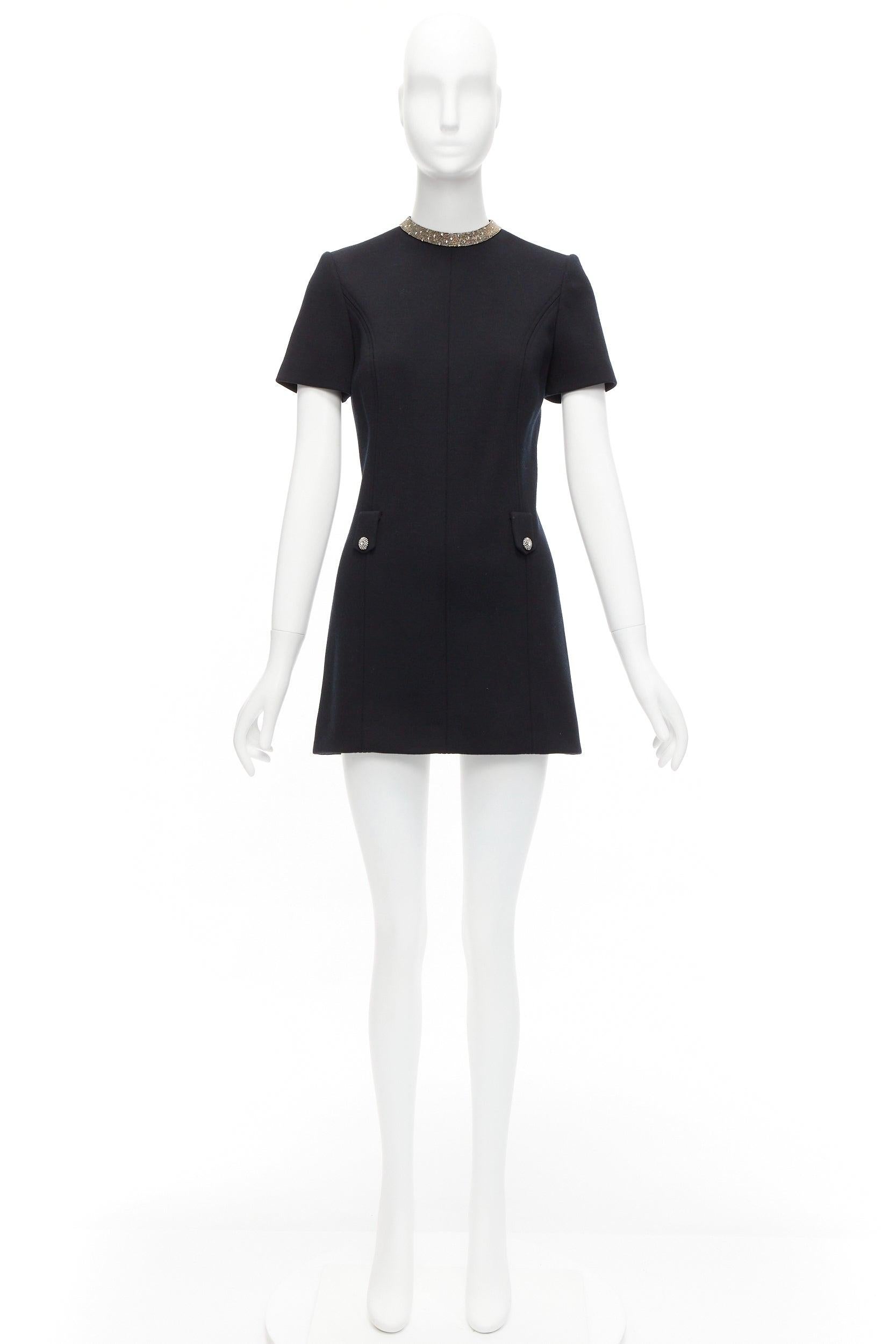 SAINT LAURENT black 100% wool diamante collar silk lined shift dress FR36 S For Sale 6