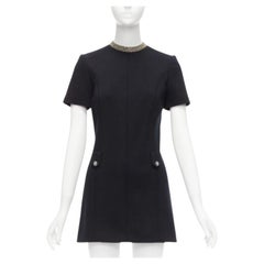 SAINT LAURENT black 100% wool diamante collar silk lined shift dress FR36 S