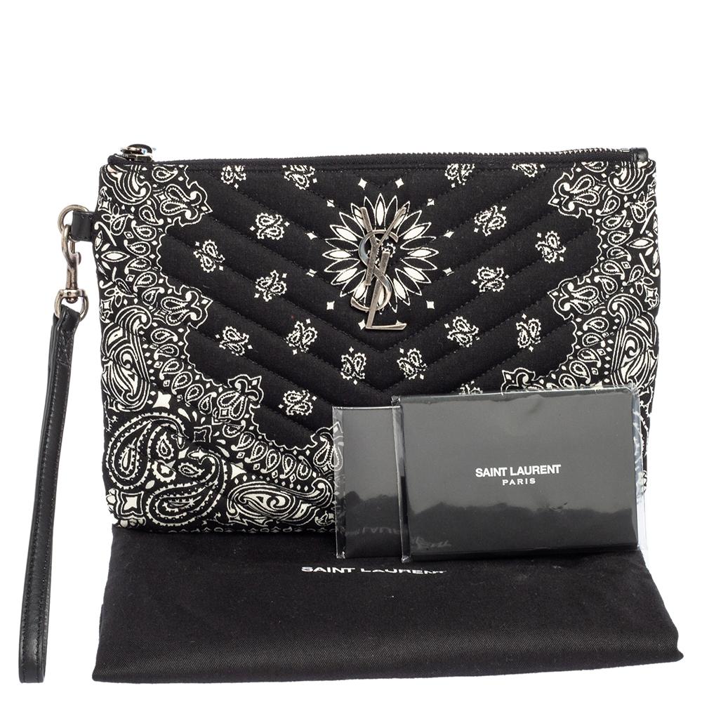 Saint Laurent Black Bandana Print Fabric Monogram Wristlet Pouch 6
