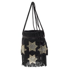Saint Laurent Black Beads and Leather Fringed Small Shoulder Bag