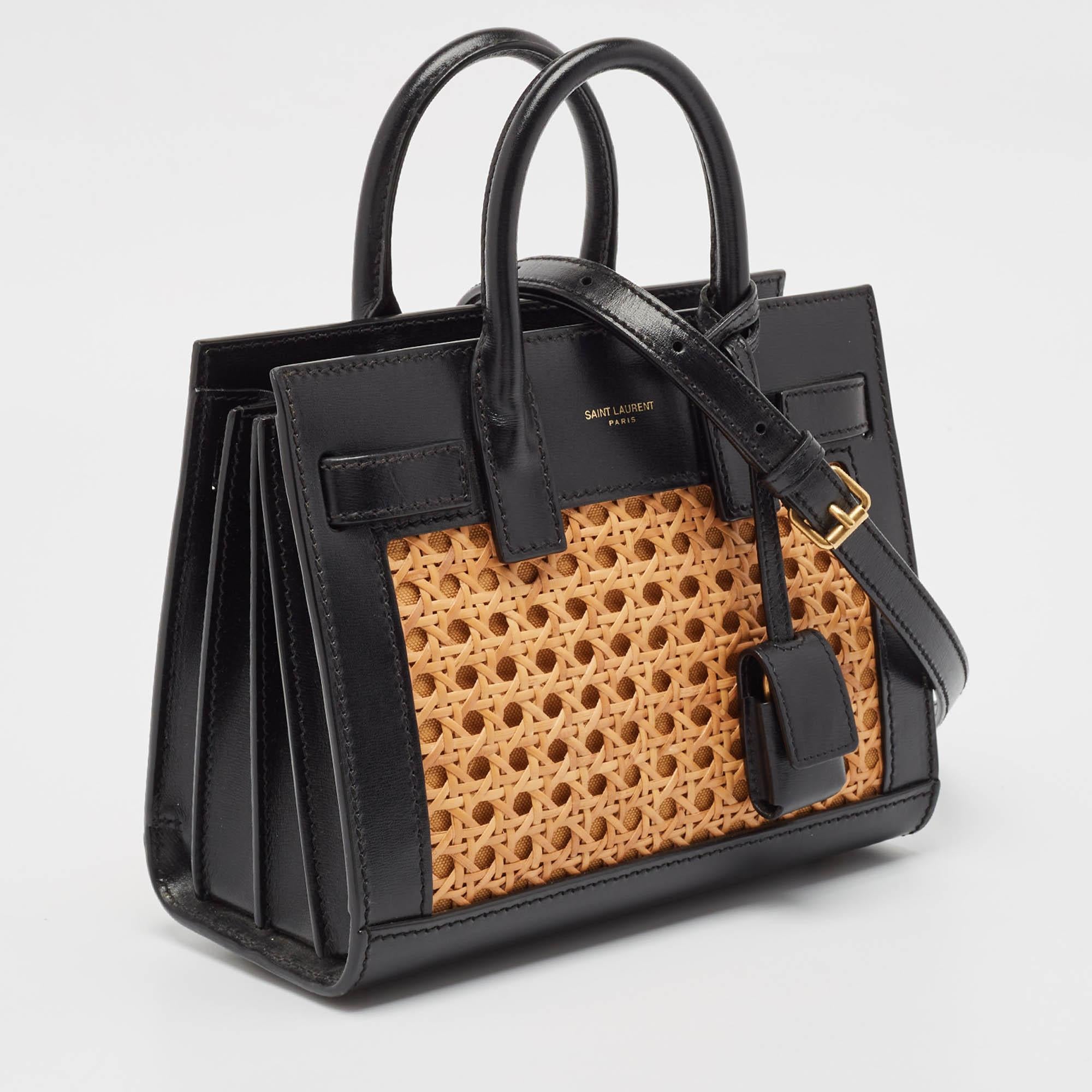 Saint Laurent Black/Beige Leather and Bamboo Woven Nano Sac De Jour Tote In Good Condition In Dubai, Al Qouz 2