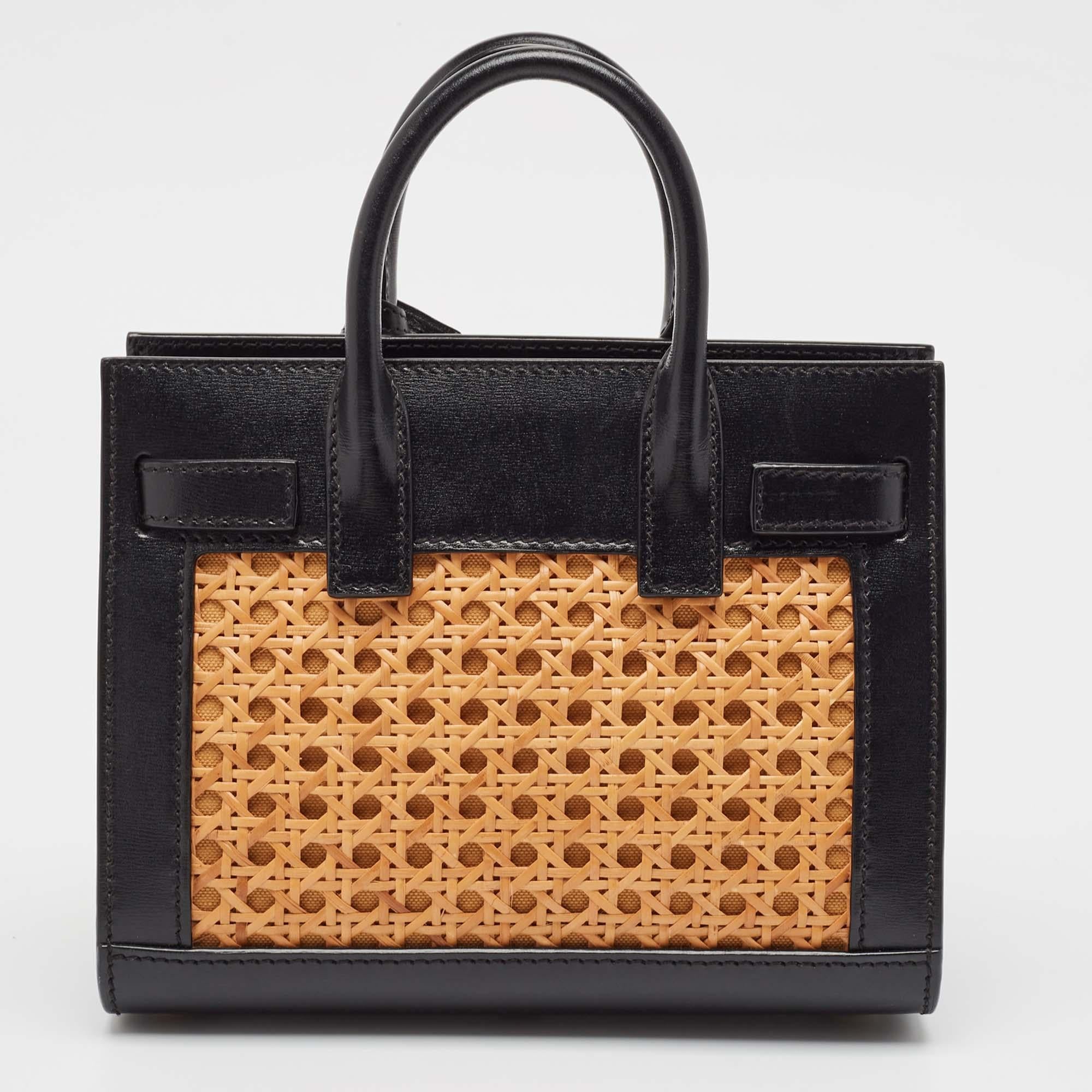Women's Saint Laurent Black/Beige Leather and Bamboo Woven Nano Sac De Jour Tote