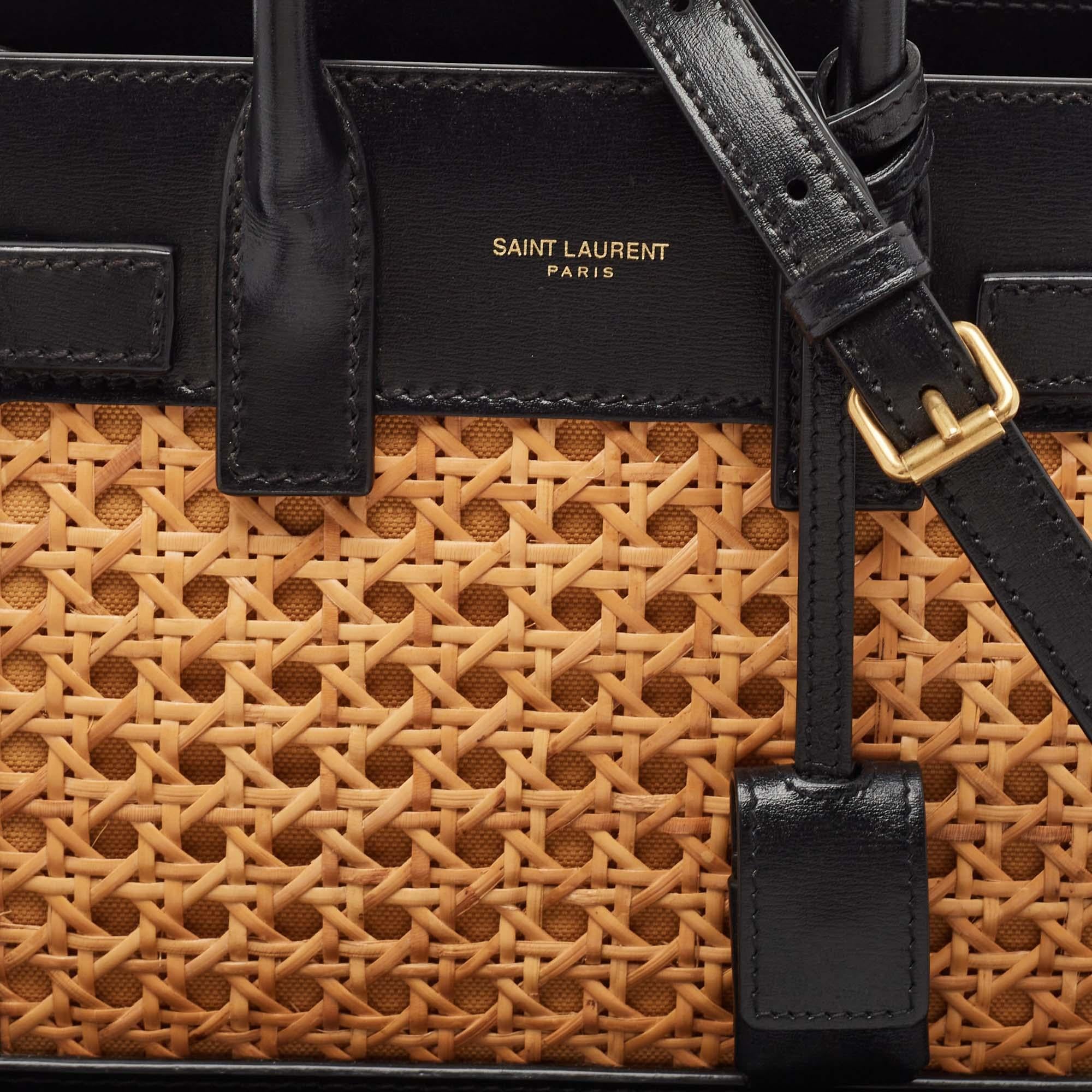 Saint Laurent Black/Beige Leather and Bamboo Woven Nano Sac De Jour Tote 1