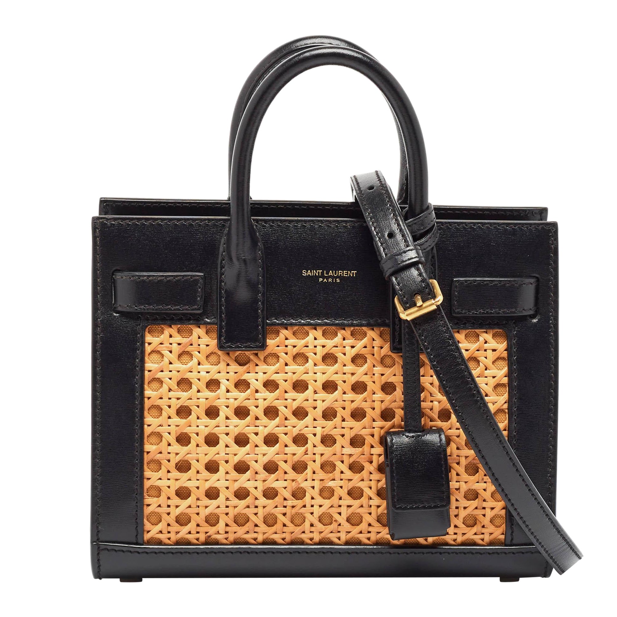 Saint Laurent Black/Beige Leather and Bamboo Woven Nano Sac De Jour Tote
