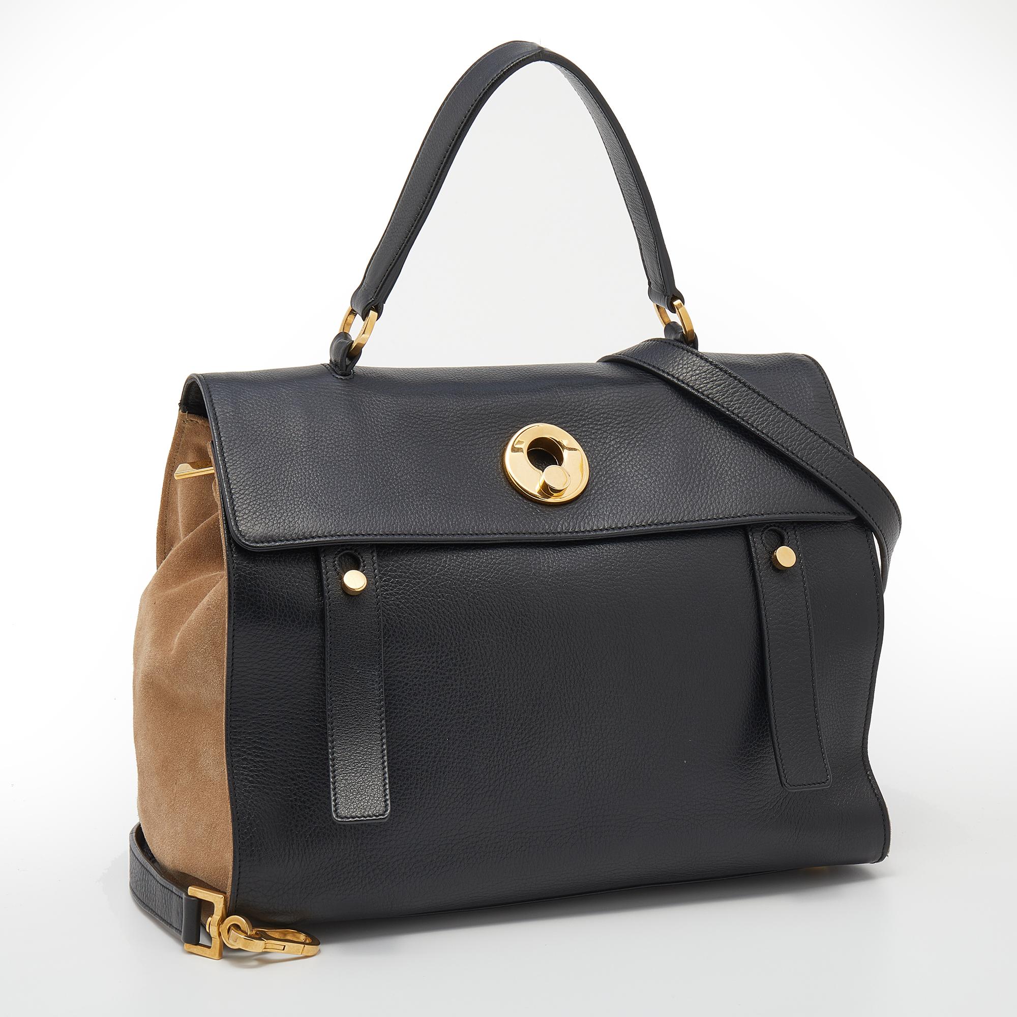Saint Laurent Black/Beige Leather and Suede Muse Two Top Handle Bag In Good Condition In Dubai, Al Qouz 2