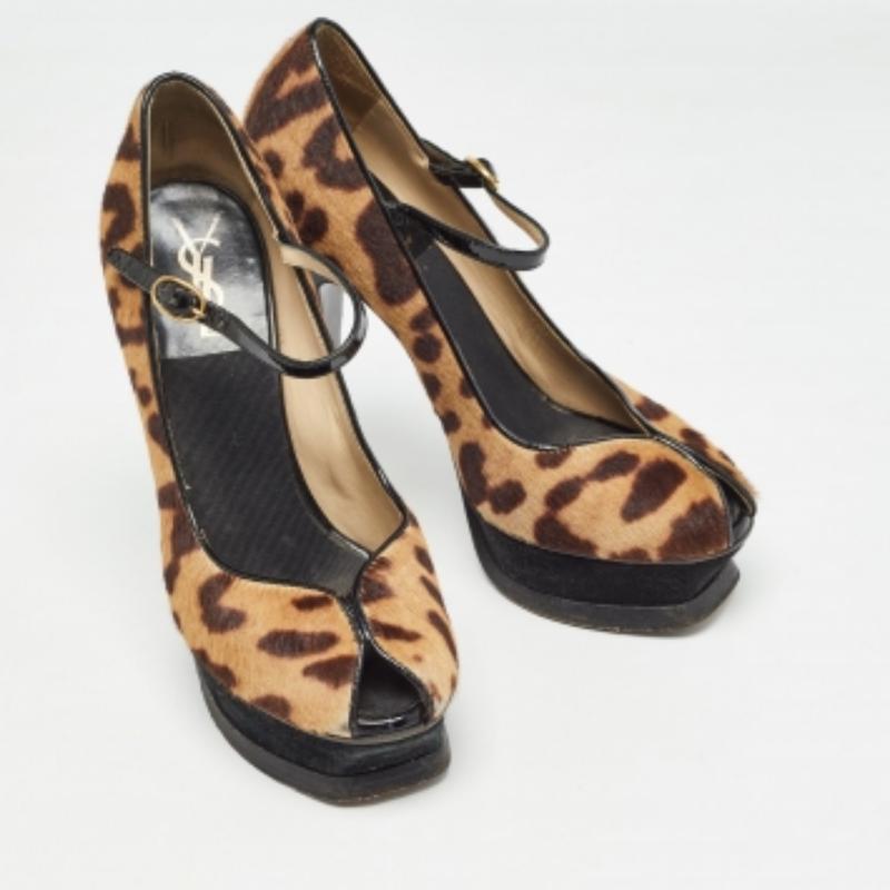 Saint Laurent Pumps con stampa animale in pelo di vitello nero/marrone misura 36 in vendita 1