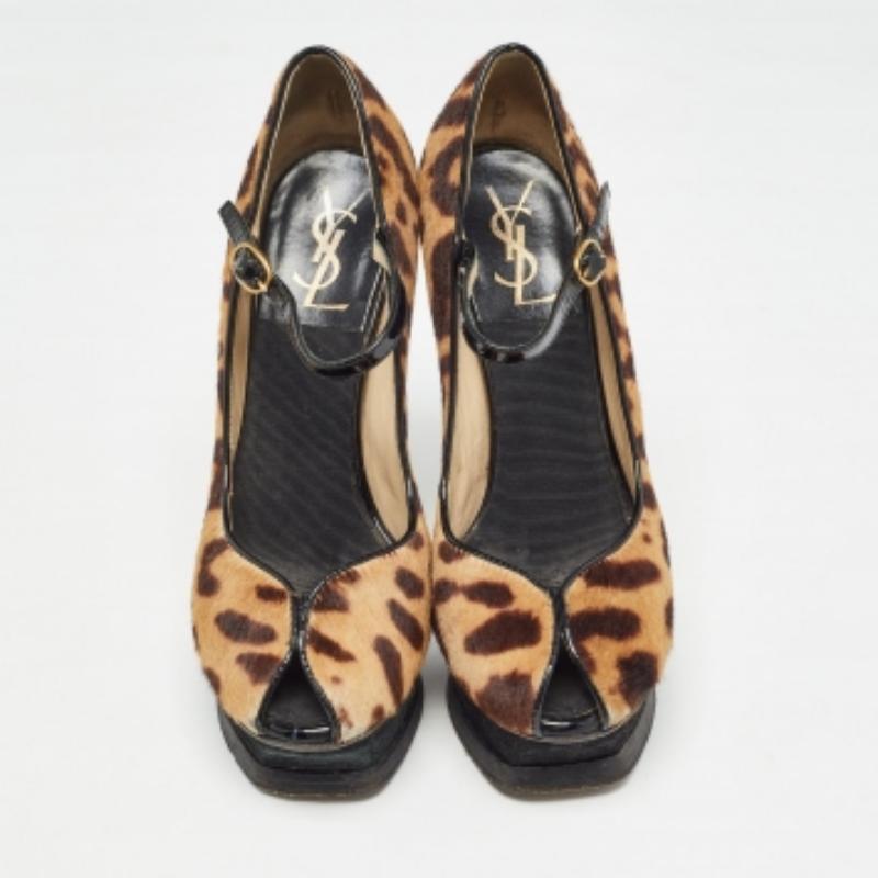 Saint Laurent Pumps con stampa animale in pelo di vitello nero/marrone misura 36 in vendita 2