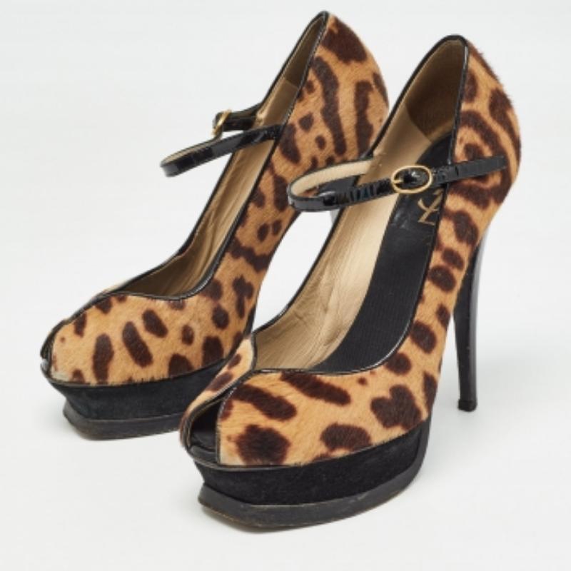 Saint Laurent Pumps con stampa animale in pelo di vitello nero/marrone misura 36 in vendita 3