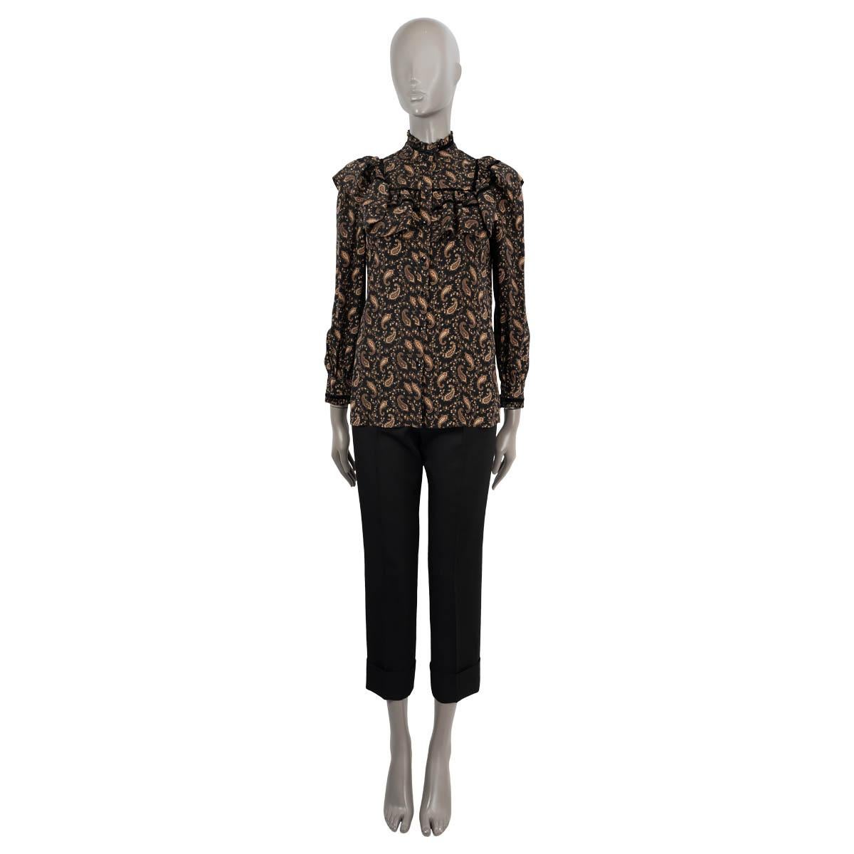 100% authentic Saint Laurent paisley blouse in black, brown and beige crepe silk (100%). Features a mock-neck, ruffles along the top and black velvet trims. Closes with buttons on the front. Has been worn and is in excellent condition.

2016