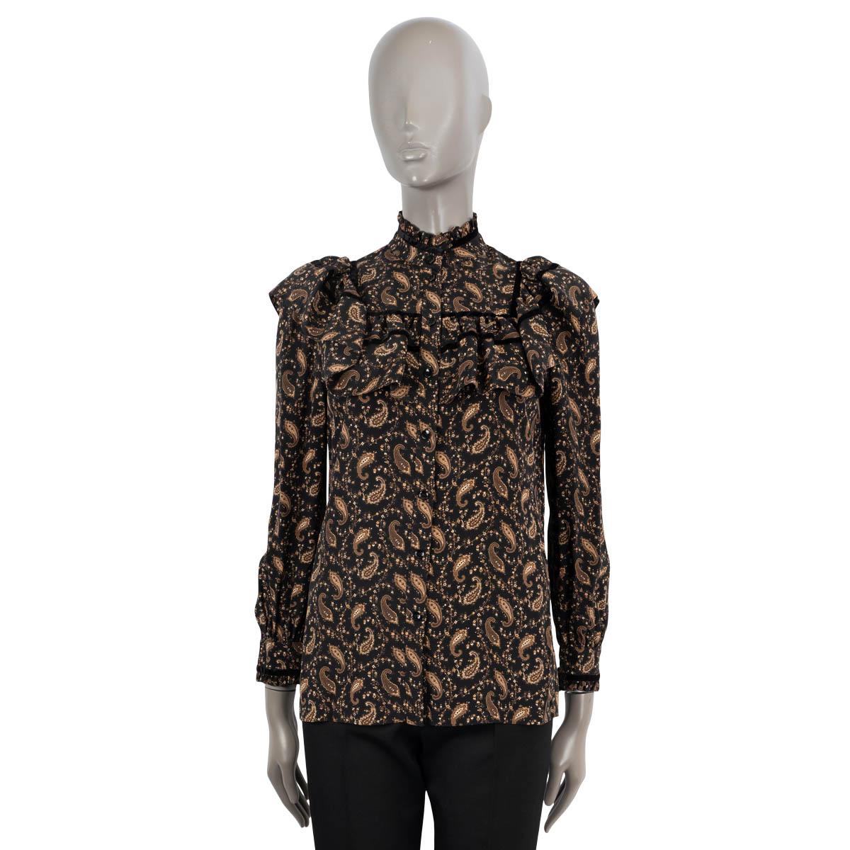 Black SAINT LAURENT black & brown silk 2016 RUFFLED PAISLEY CREPE Shirt 38 S For Sale
