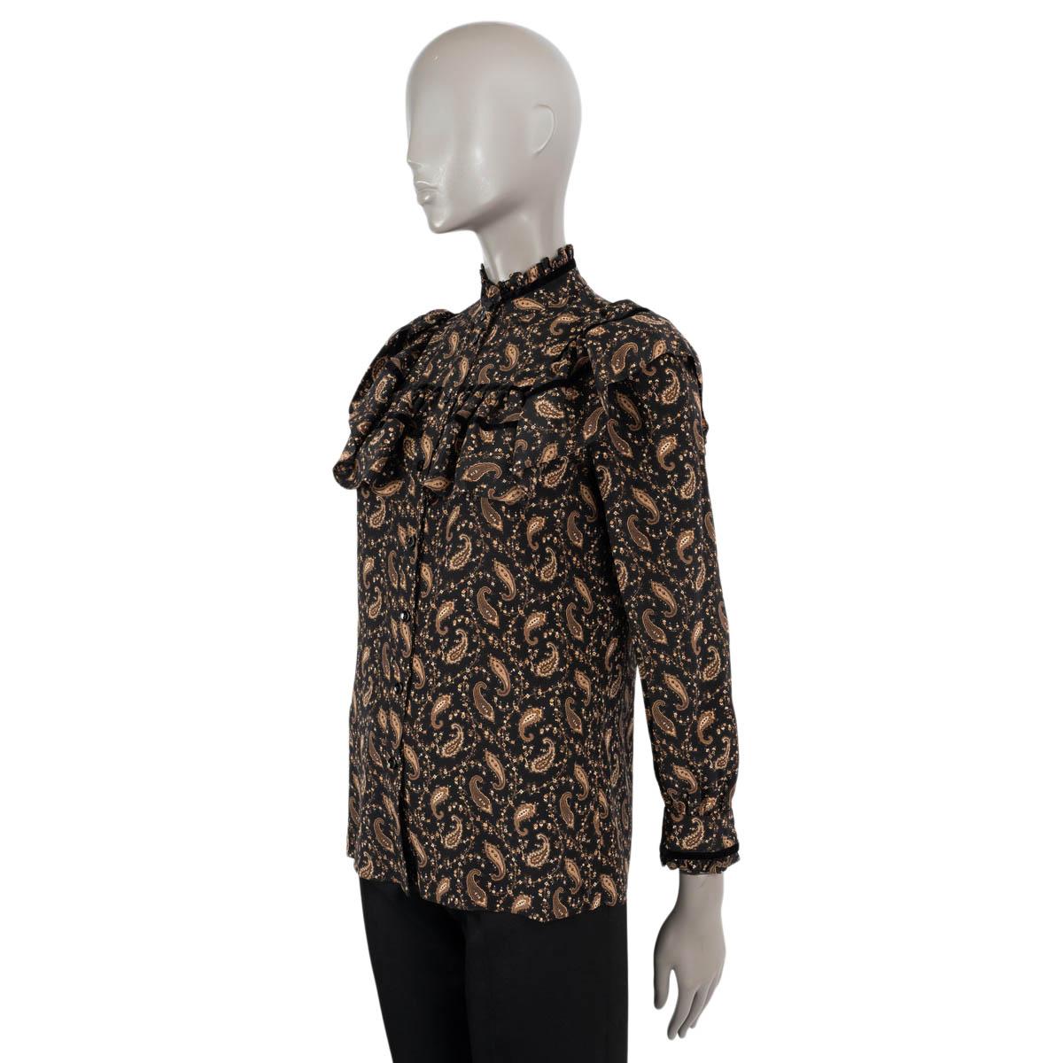 SAINT LAURENT black & brown silk 2016 RUFFLED PAISLEY CREPE Shirt 38 S In Excellent Condition For Sale In Zürich, CH