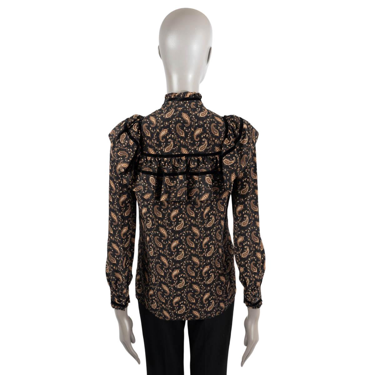 Women's SAINT LAURENT black & brown silk 2016 RUFFLED PAISLEY CREPE Shirt 38 S For Sale