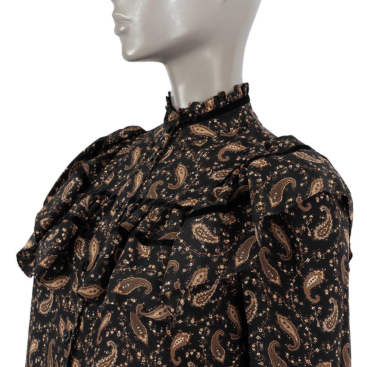SAINT LAURENT black & brown silk 2016 RUFFLED PAISLEY CREPE Shirt 38 S For Sale 1