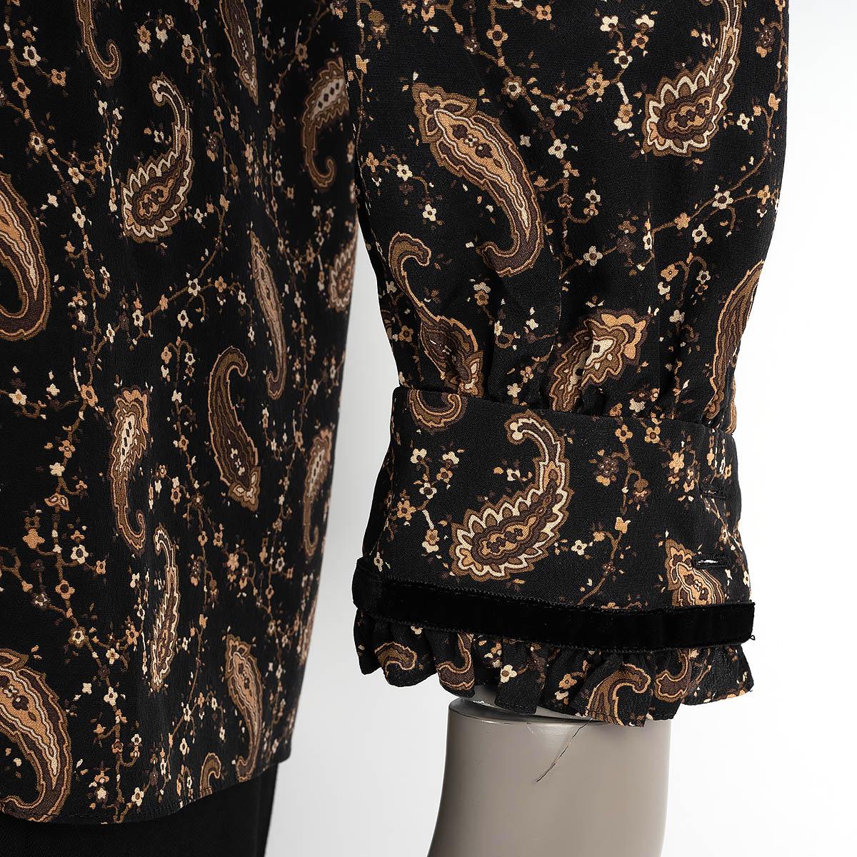 SAINT LAURENT black & brown silk 2016 RUFFLED PAISLEY CREPE Shirt 38 S For Sale 2