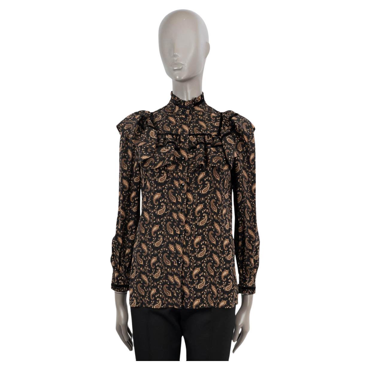 SAINT LAURENT black & brown silk 2016 RUFFLED PAISLEY CREPE Shirt 38 S For Sale