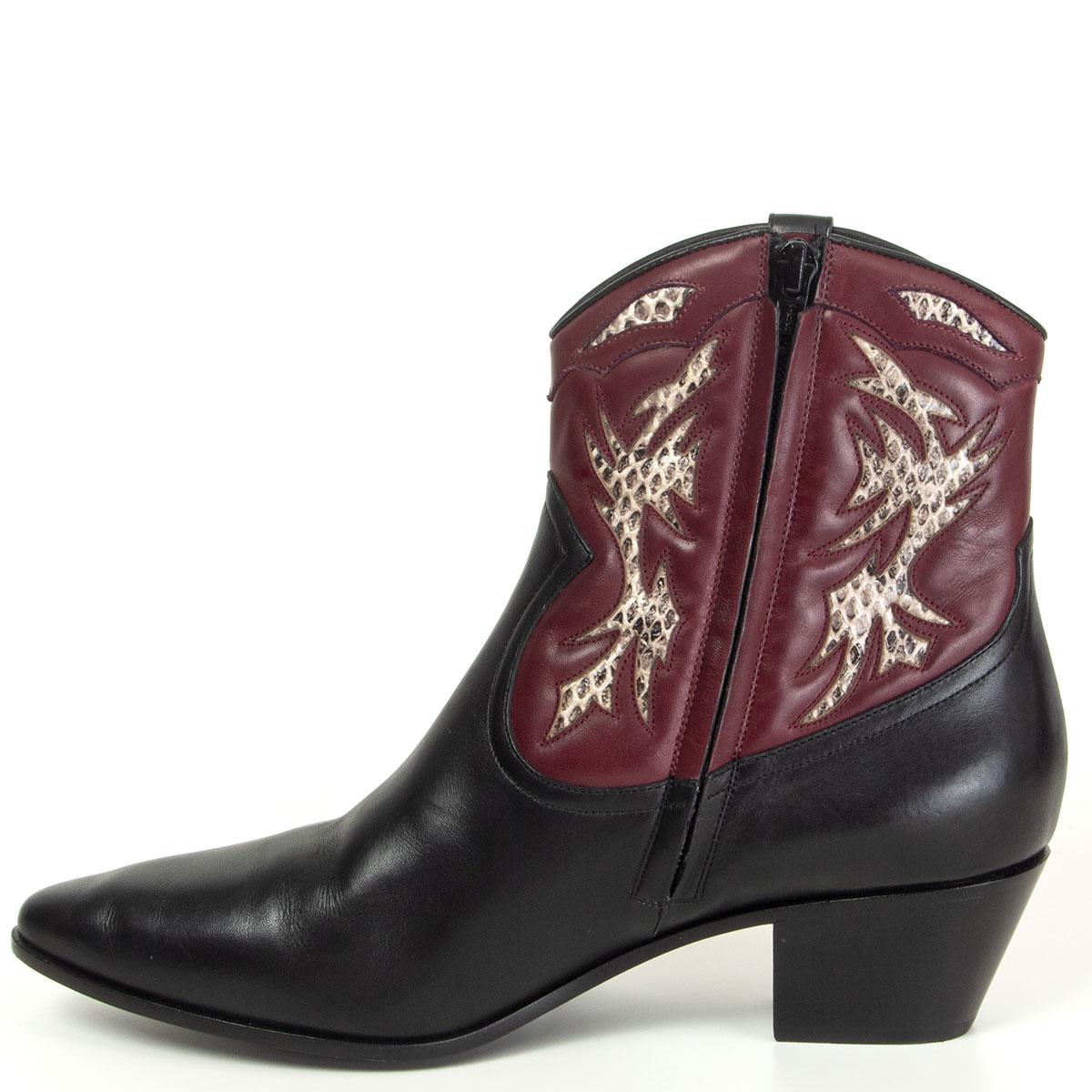Black SAINT LAURENT black & burgundy leather ROCK 40 Western Ankle Boots Shoes 39.5