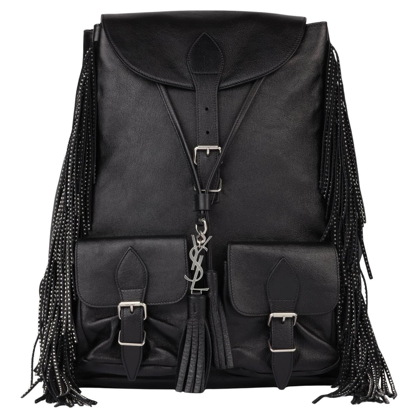 Saint Laurent Black Calfskin Leather Studded Fringe Festival Backpack