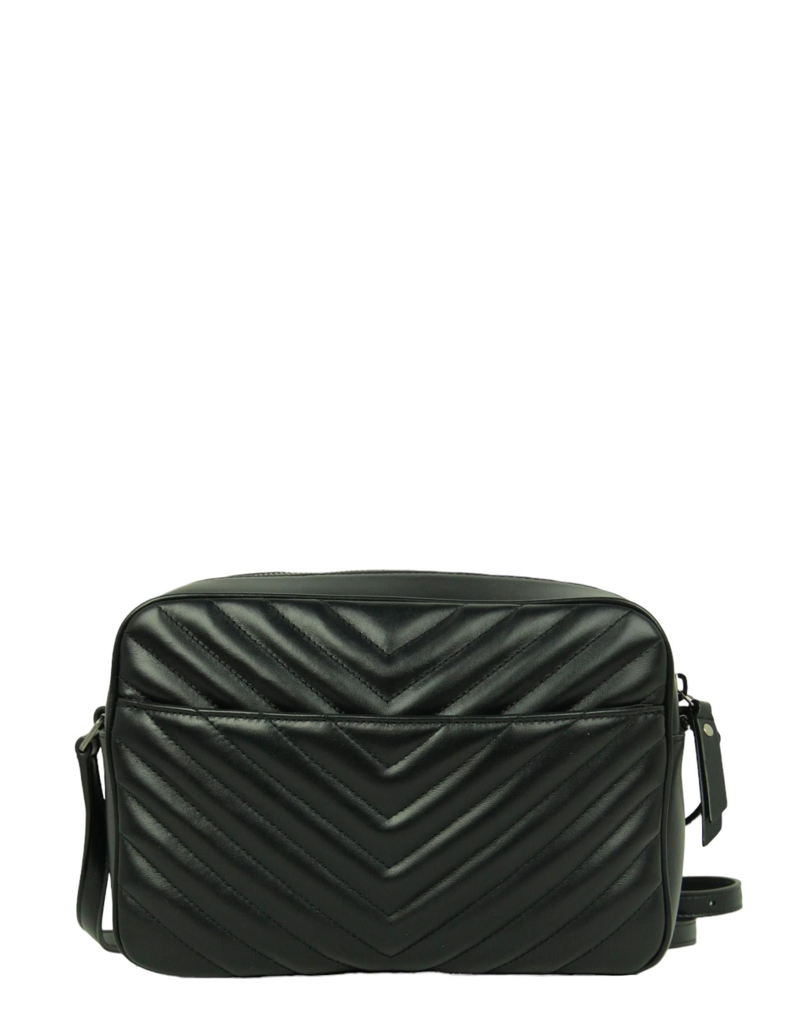 Saint Laurent Black Calfskin Matelasse Monogram Lou Camera Bag In Excellent Condition For Sale In New York, NY