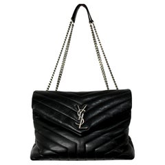 Saint Laurent Black Calfskin Y Quilted Monogram Loulou Silver-Tone Chain Satchel
