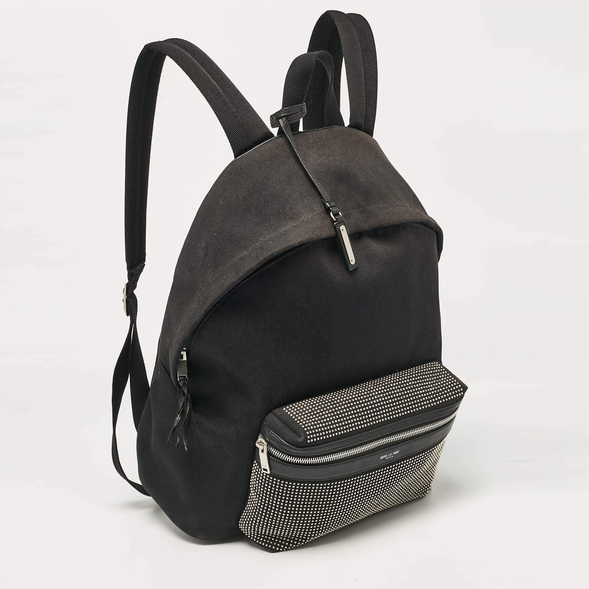 Saint Laurent Black Canvas and Leather City Studded Backpack In Good Condition For Sale In Dubai, Al Qouz 2