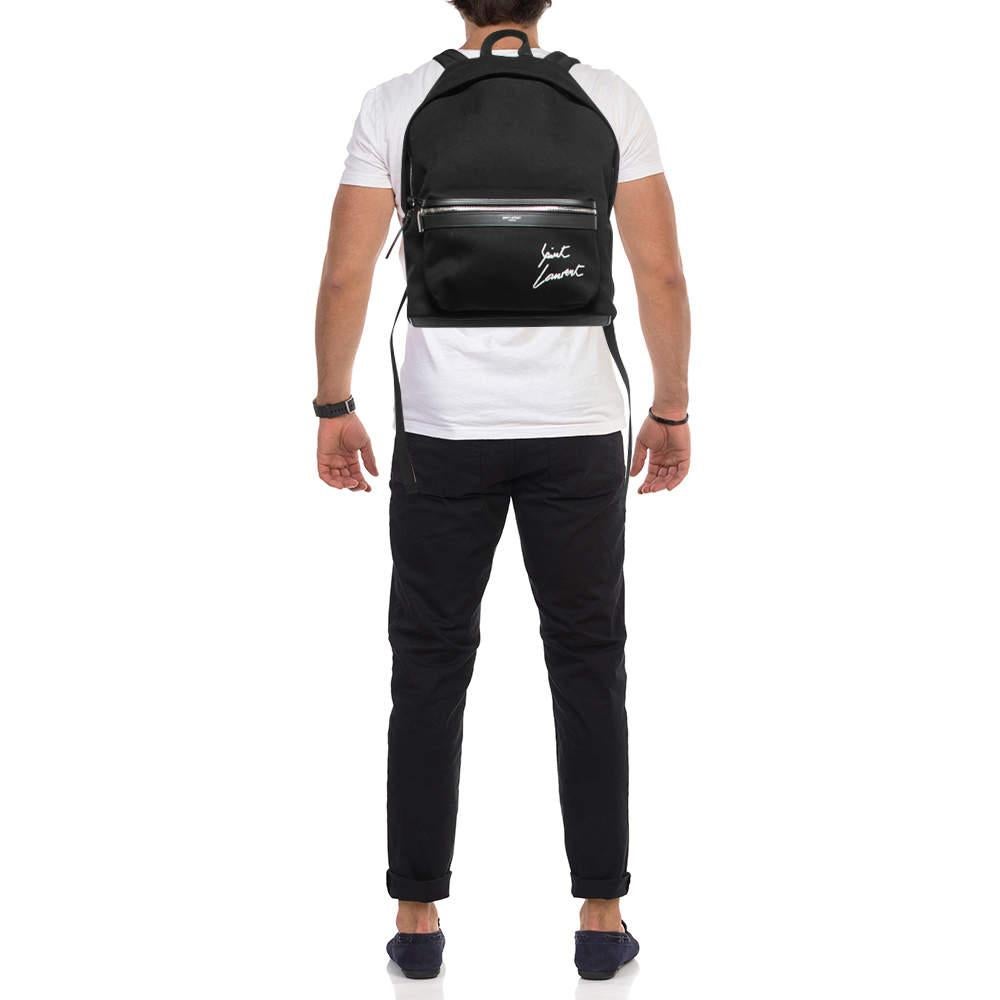 Saint Laurent Black Canvas Logo Embroidered City Backpack In New Condition In Dubai, Al Qouz 2