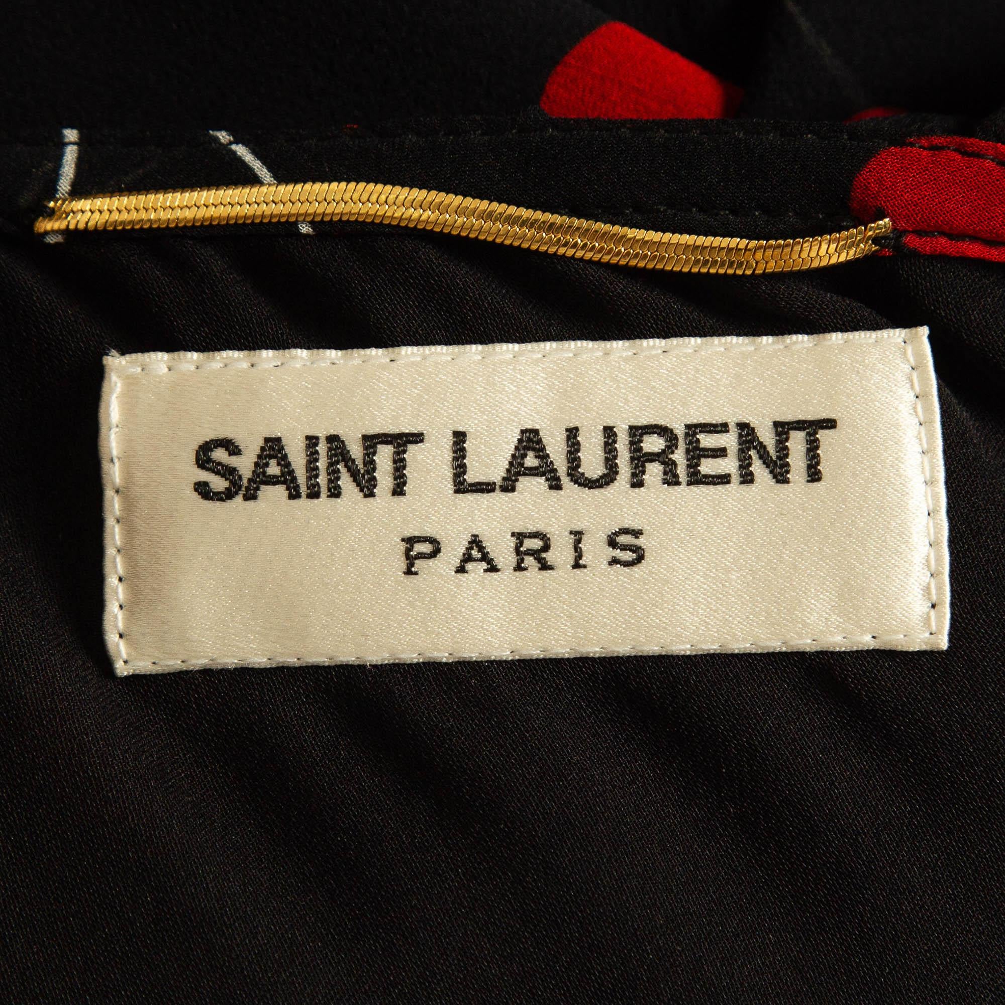 Women's Saint Laurent Black Cherry Print Silk One-Shoulder Asymmetric Midi Dress M For Sale