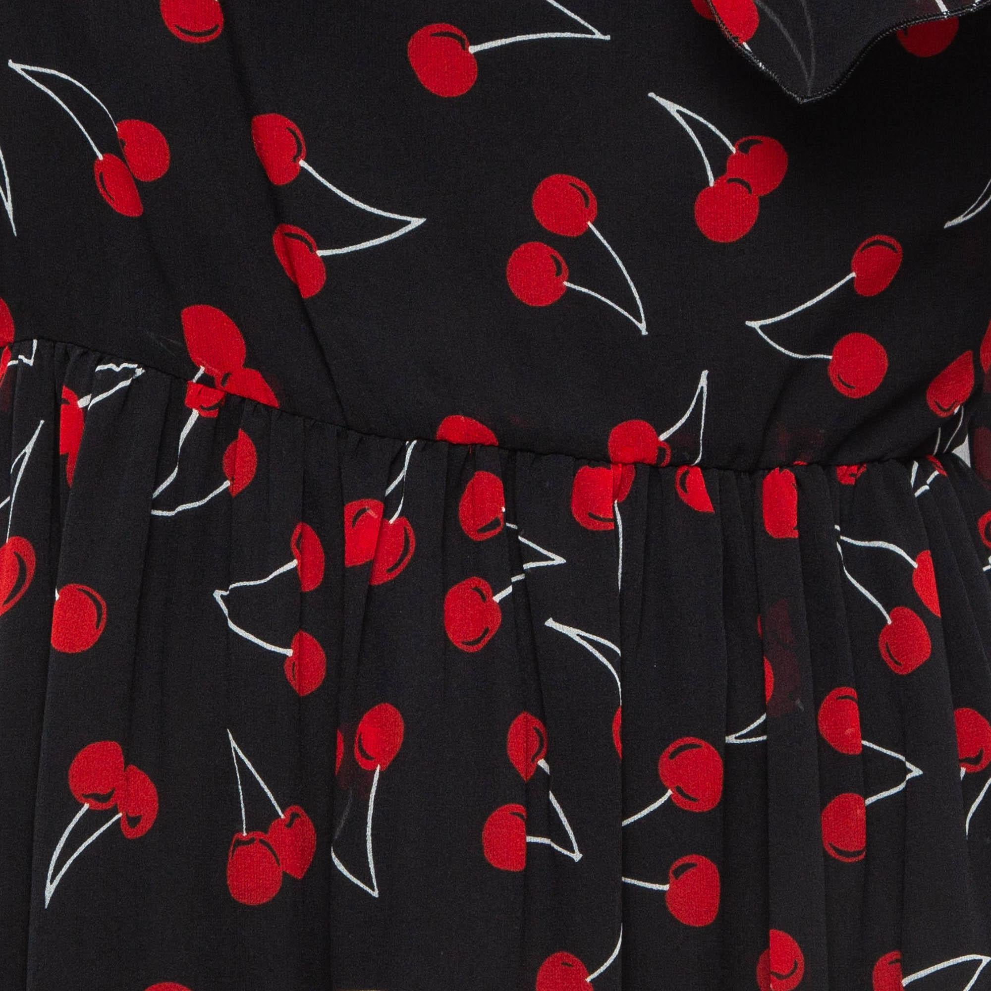Saint Laurent Black Cherry Print Silk One-Shoulder Asymmetric Midi Dress M For Sale 1