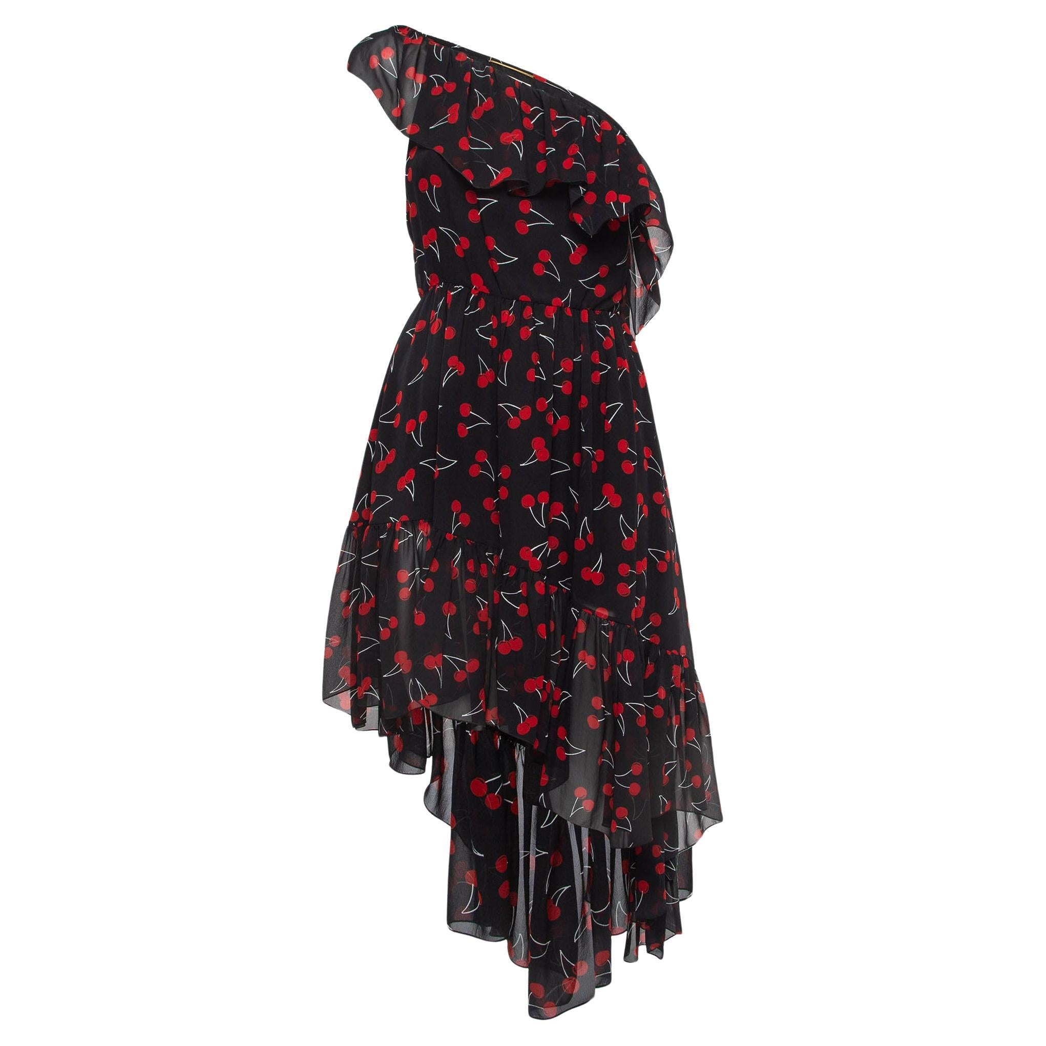 Saint Laurent Black Cherry Print Silk One-Shoulder Asymmetric Midi Dress M For Sale