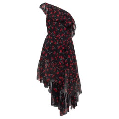 Saint Laurent Black Cherry Print Silk One-Shoulder Asymmetric Midi Dress M