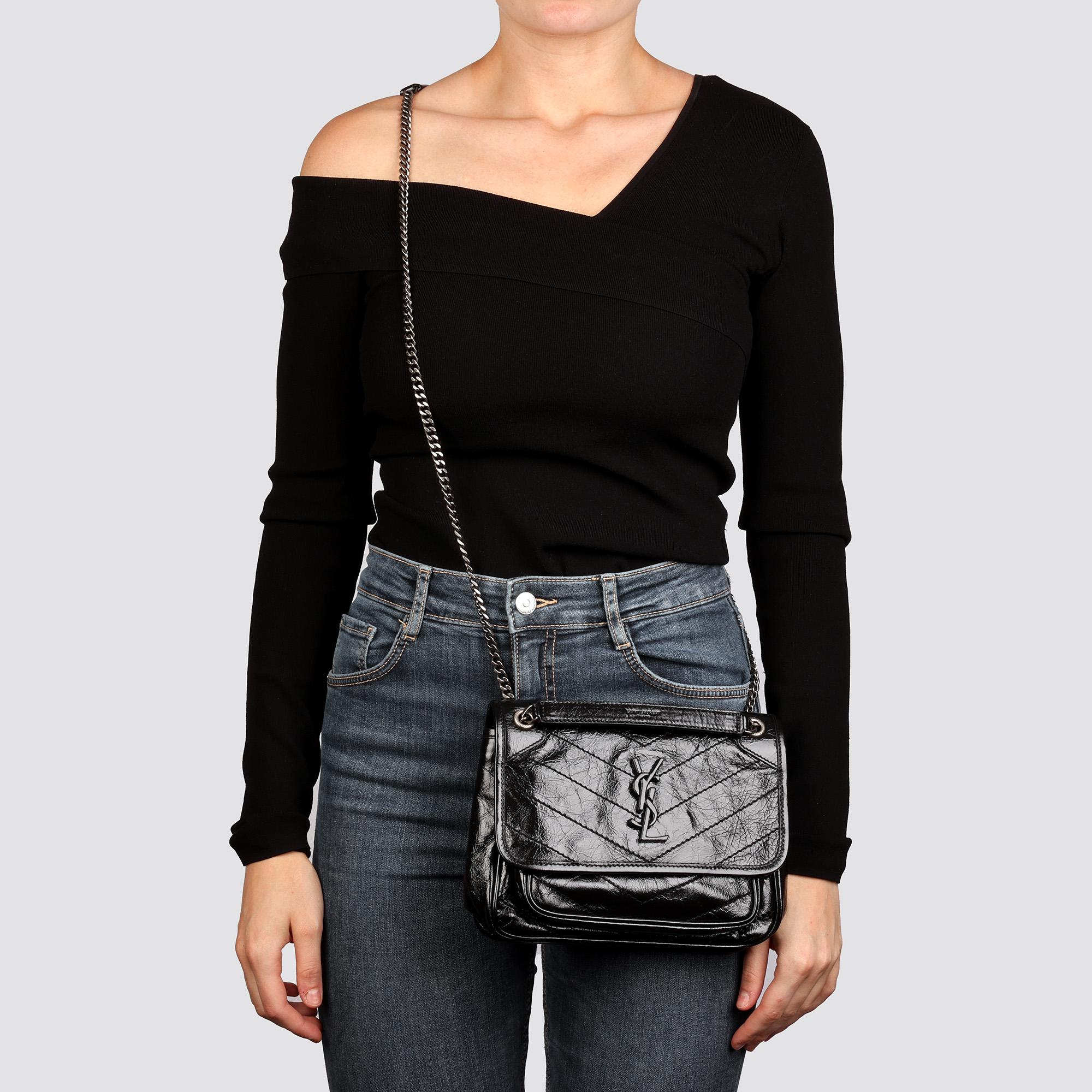 SAINT LAURENT Black Chevron Quilted Crinkled Calfskin Leather Baby Niki 6