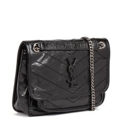 SAINT LAURENT Black Chevron Quilted Crinkled Calfskin Leather Baby Niki