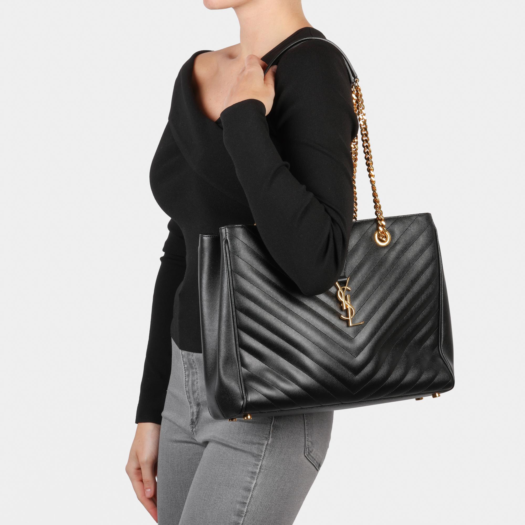 SAINT LAURENT  Black Chevron Quilted Grained Calfskin Leather Shopping Bag 6