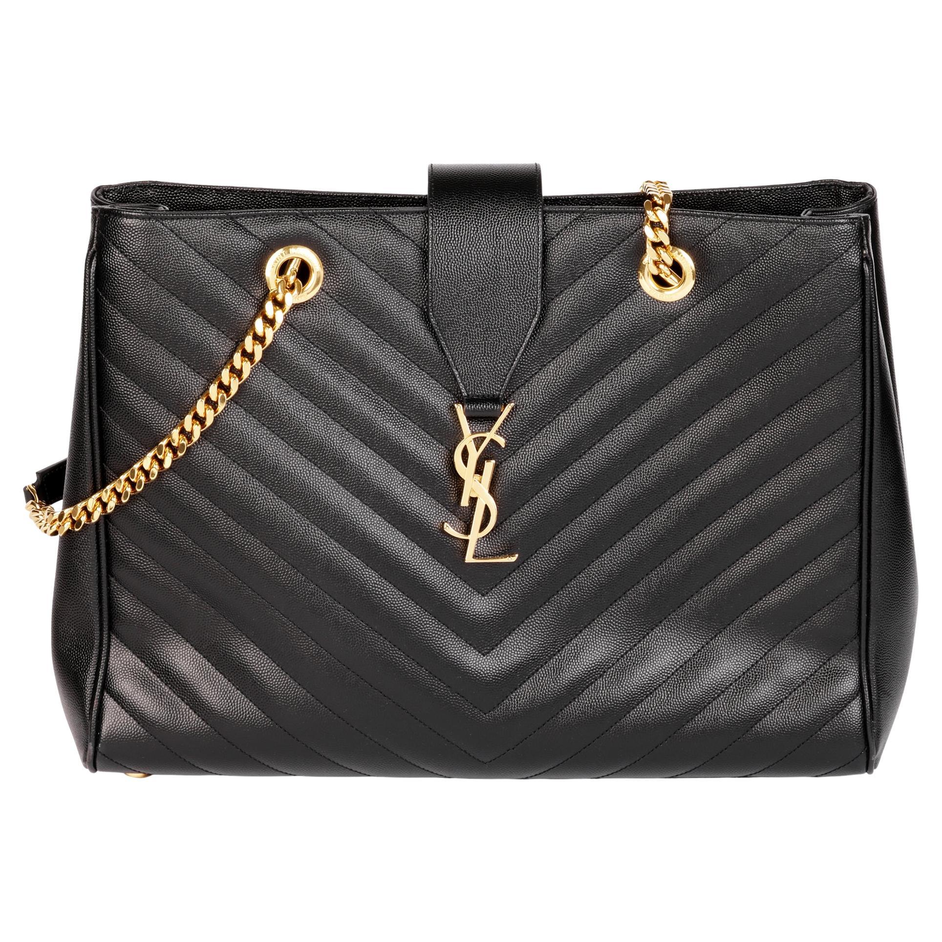 SAINT LAURENT  Black Chevron Quilted Grained Calfskin Leather Shopping Bag