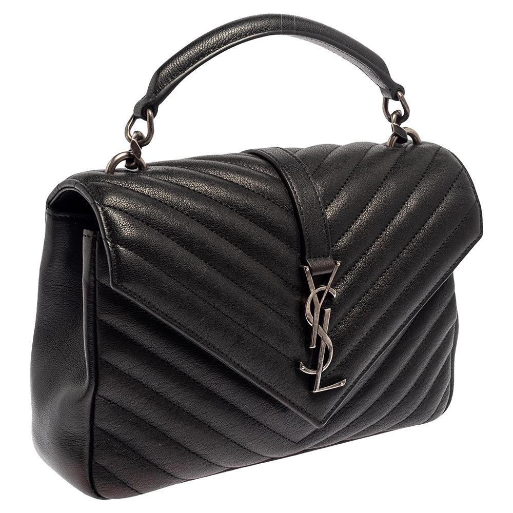 Saint Laurent Schwarz Chevron gesteppt Leder Medium College Top Handle Tasche im Zustand „Gut“ in Dubai, Al Qouz 2