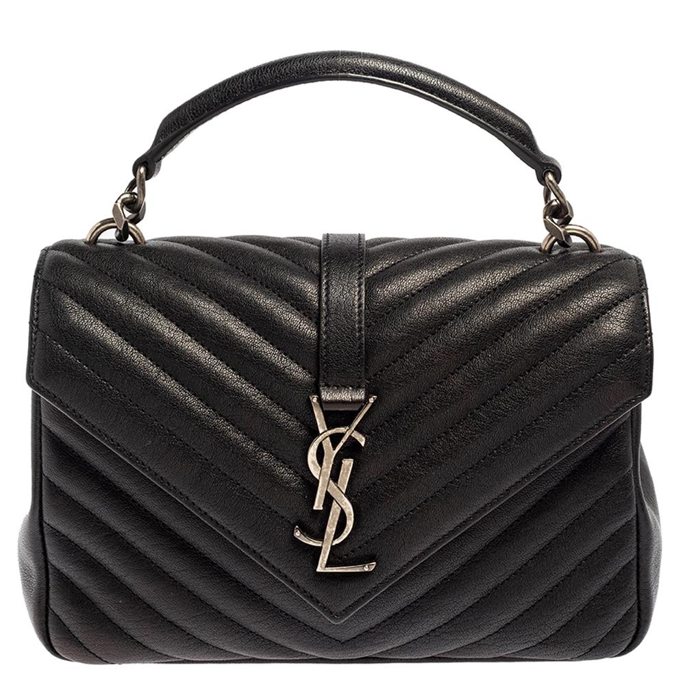 Saint Laurent Schwarz Chevron gesteppt Leder Medium College Top Handle Tasche
