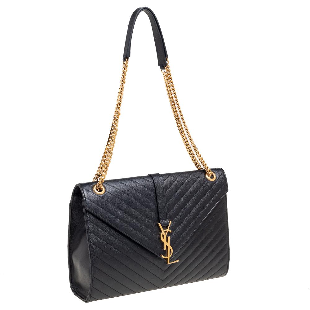 Saint Laurent Black Chevron Quilted Leather Monogram Envelope Shoulder Bag In Good Condition In Dubai, Al Qouz 2