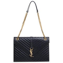 Saint Laurent Black Chevron Quilted Leather Monogram Envelope Shoulder Bag