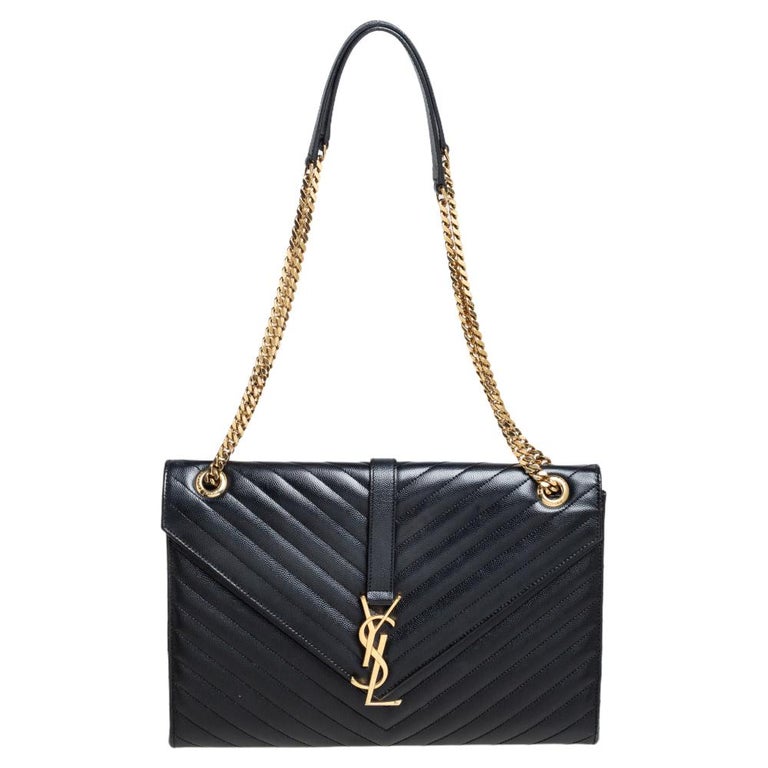Saint Laurent Black Chevron Quilted Leather Monogram Envelope Shoulder