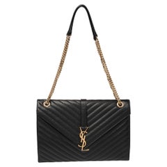 Used Saint Laurent Black Chevron Quilted Leather Monogram Envelope Shoulder Bag