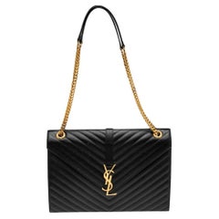 Saint Laurent Black Chevron Quilted Leather Monogram Envelope Shoulder Bag