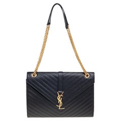 Used Saint Laurent Black Chevron Quilted Leather Monogram Envelope Shoulder Bag