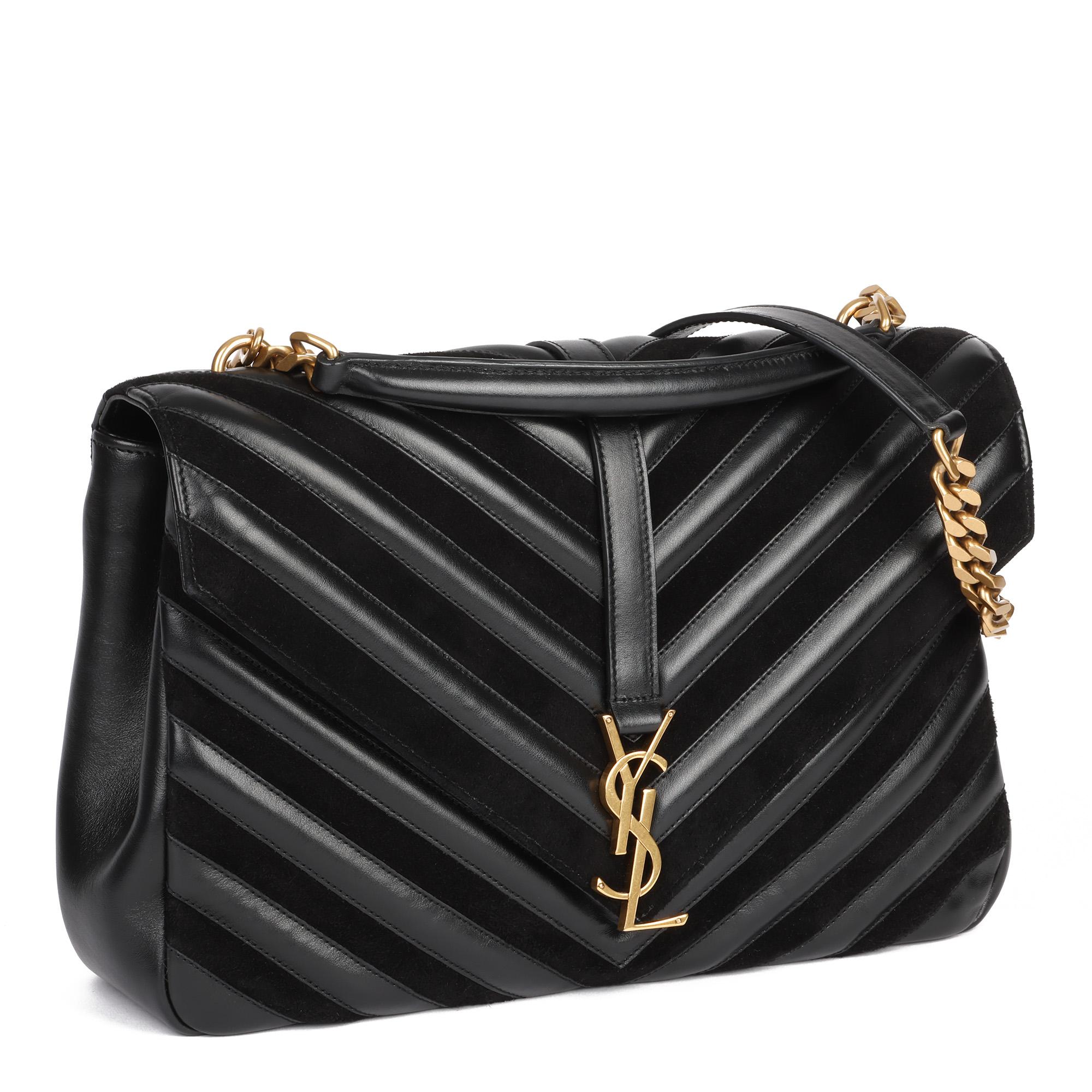 SAINT LAURENT
Black Chevron Suede & Calfskin Leather Large College

Xupes Reference: CB402
Serial Number: LND392738-0317
Age (Circa): 2017
Accompanied By: Saint Laurent Dust Bag, Chain Shoulder Strap
Authenticity Details: Date Stamp (Made in