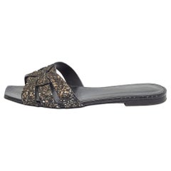 Saint Laurent Black Coarse Glitter Tribute Flat Slides Size 37