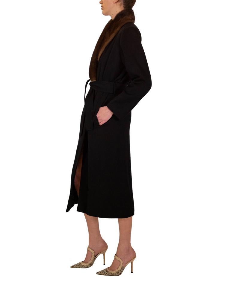 Women's Saint Laurent Black Coat with Brown Fur Trim