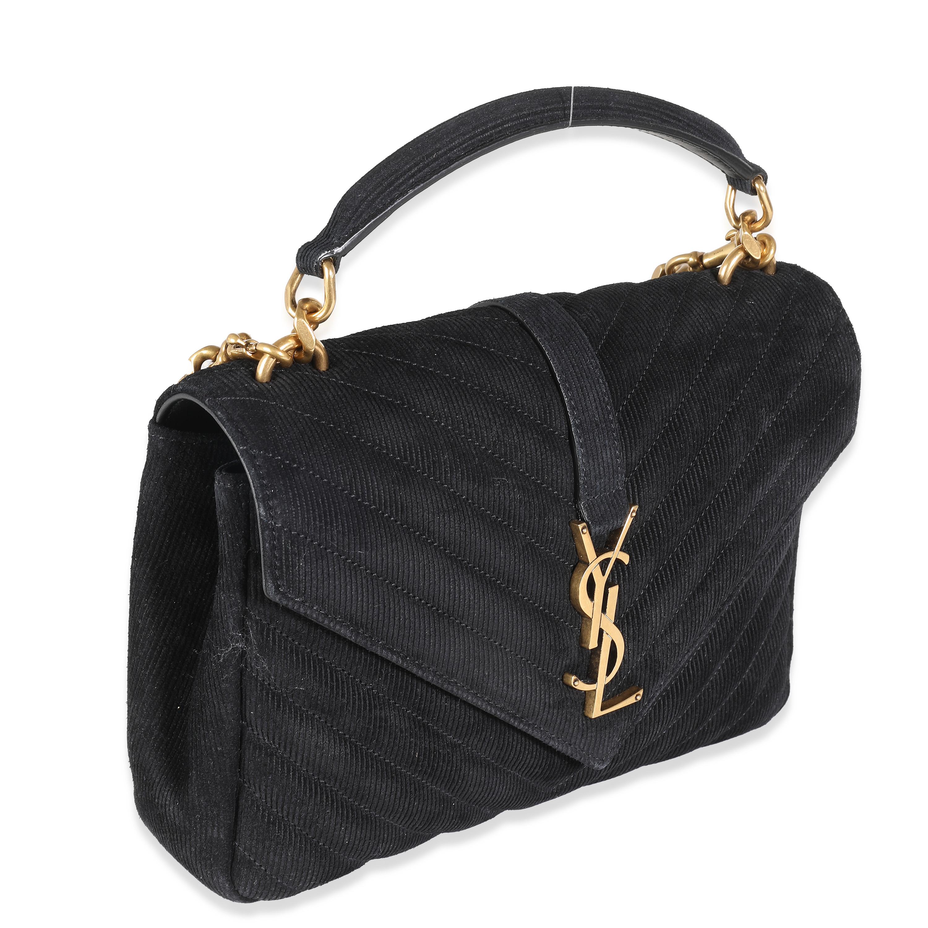 Saint Laurent Black Corduroy Matelasse Chevron Medium College Bag In Excellent Condition In New York, NY